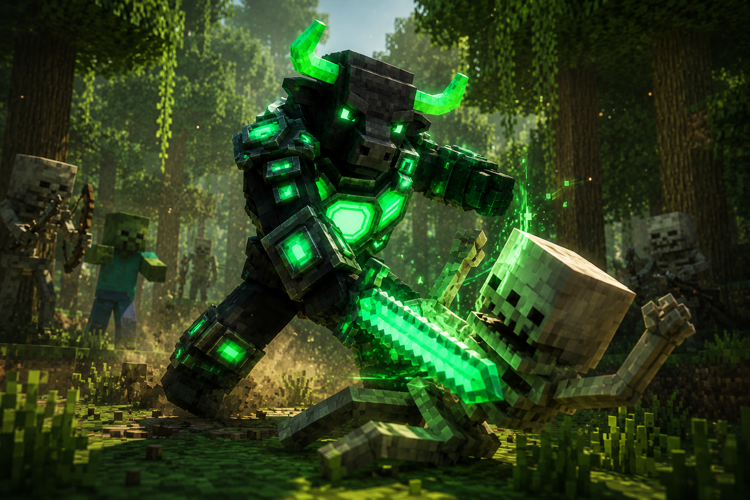 Bullbot swinging a glowing green sword at a skeleton